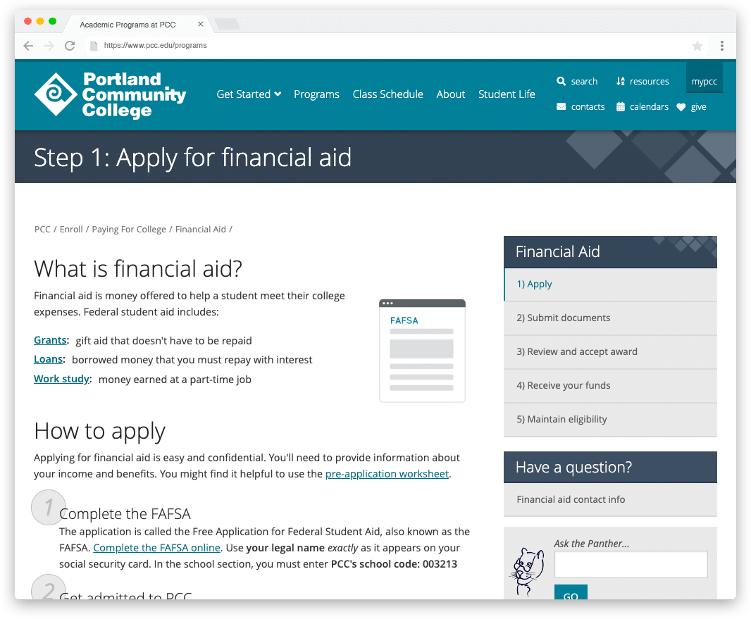 PCC financial aid page web design
