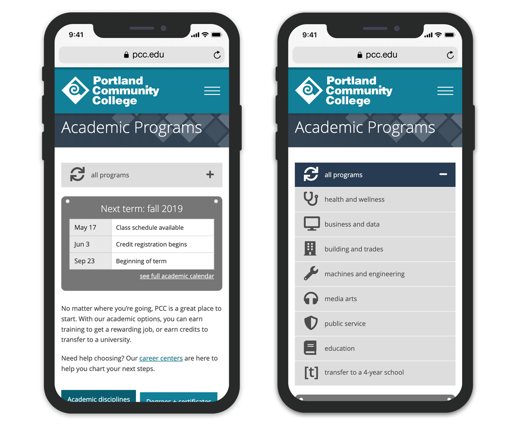 PCC programs page - mobile