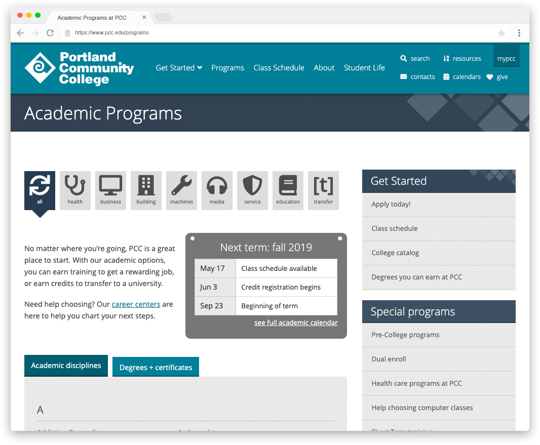 PCC programs page - desktop web design