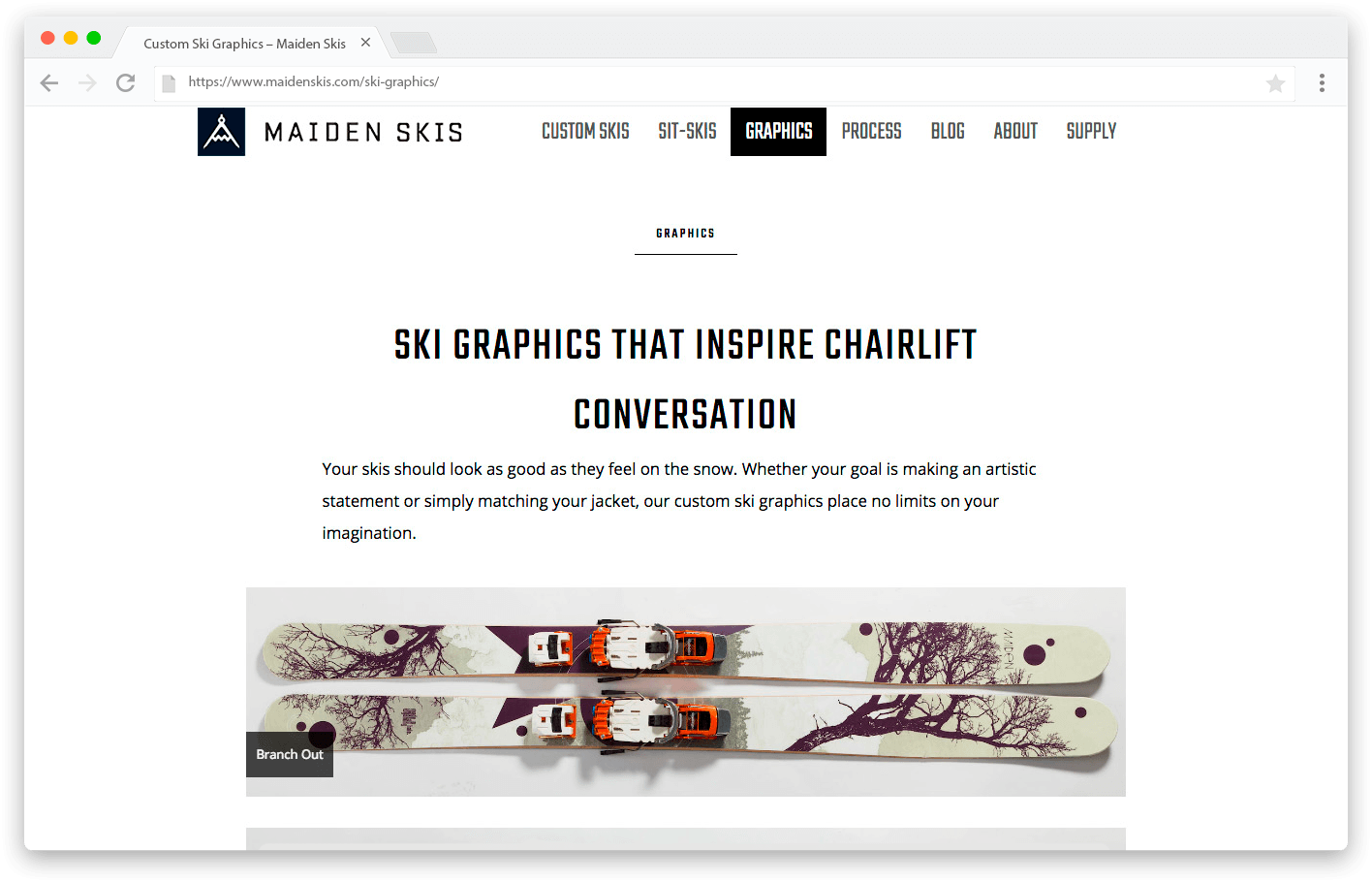 Maiden Skis website screenshot